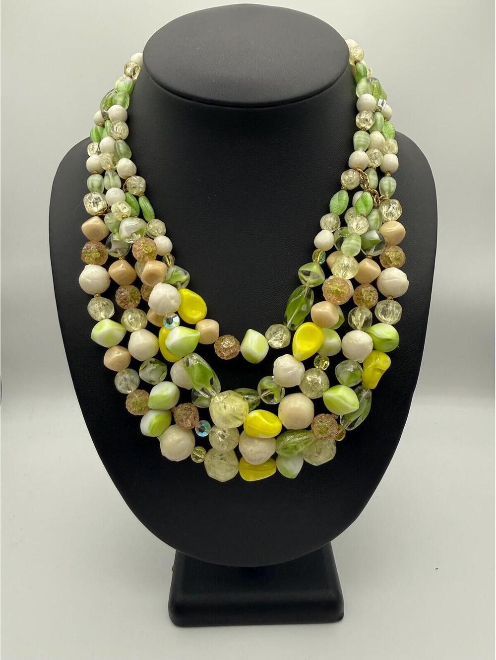 Vintage Multi Strand Glass Lucite Necklace Green White Yellow Statement Jewelry